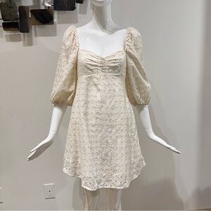 KOURT Cream/ Ivory Eyelet Cut out Short Dress 100% Cotton Puff Sleeves Size XS